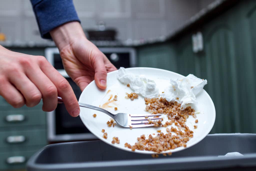 Someone throwing away leftover food from a plate to prevent mice